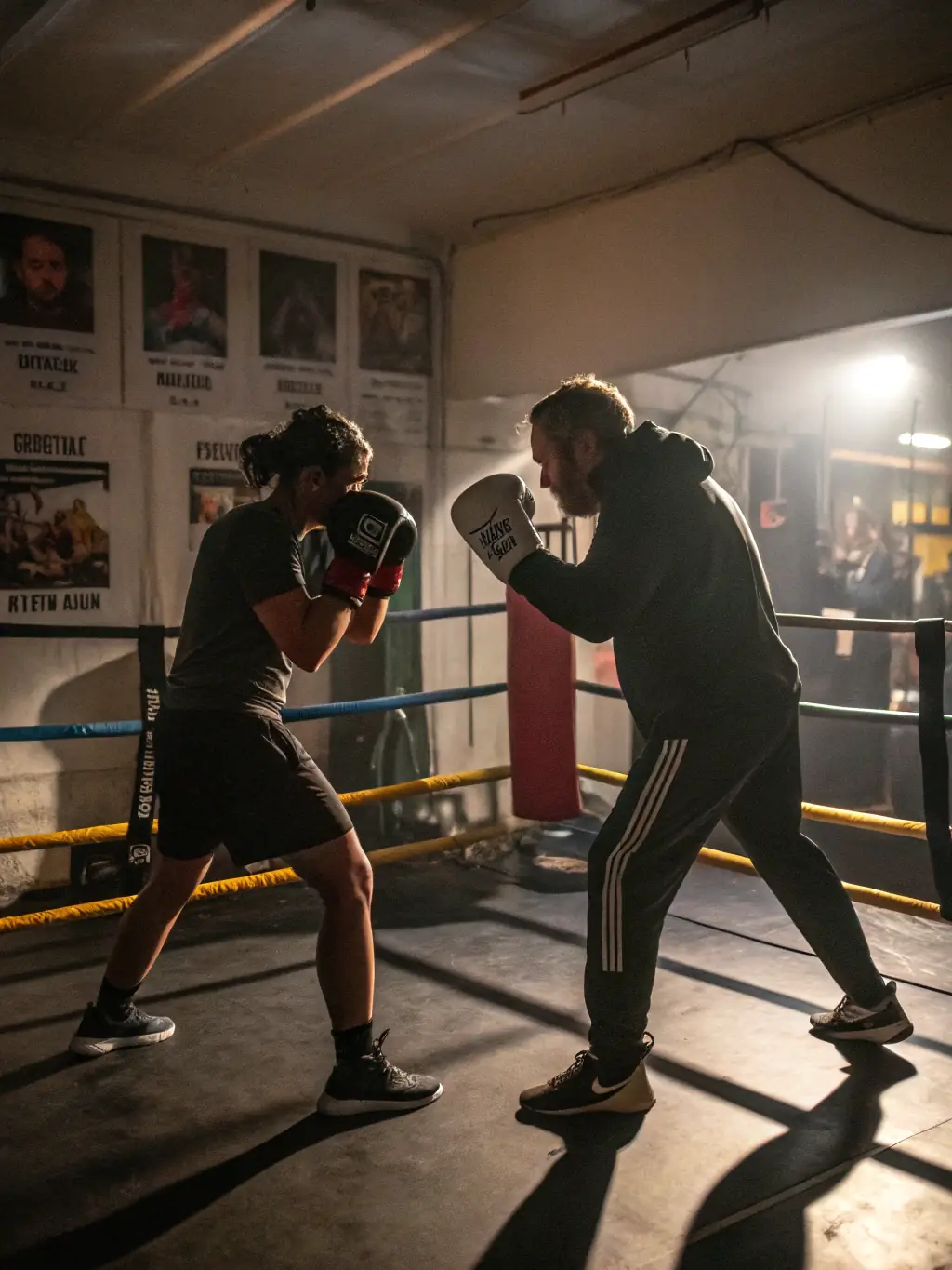 A focused image of a boxing coach guiding a trainee through footwork drills in the ring at LEMAN BOXING CLUB.
