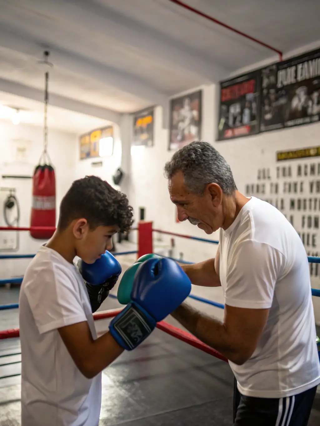 A close-up of a boxing coach demonstrating proper punching technique to a student at LEMAN BOXING CLUB.