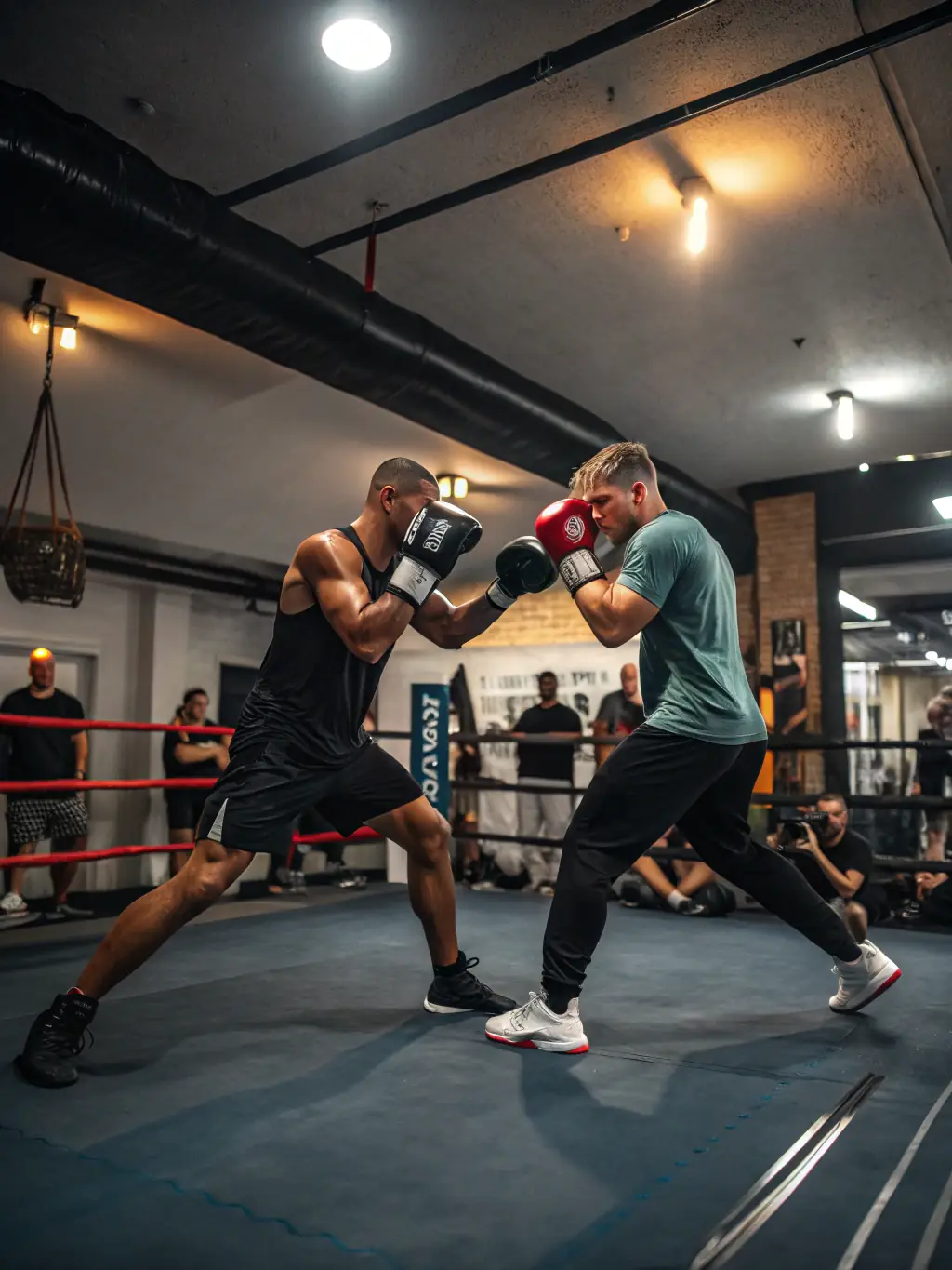 A high-action shot of boxers sparring in the ring at LEMAN BOXING CLUB, showcasing intense training and technique.