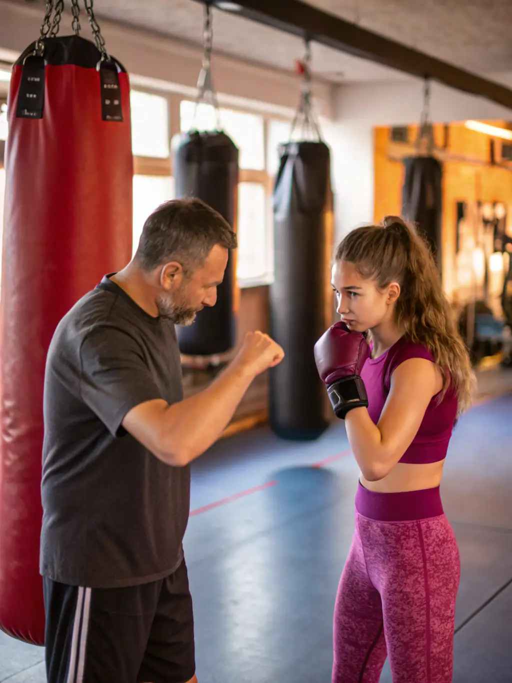 A focused image of a coach providing personalized boxing technique instruction to a member.
