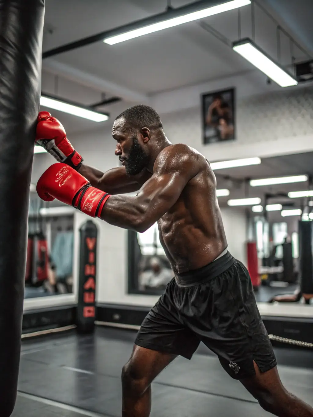 A determined boxer from LBC in action during a sparring session, demonstrating discipline and competitive spirit.