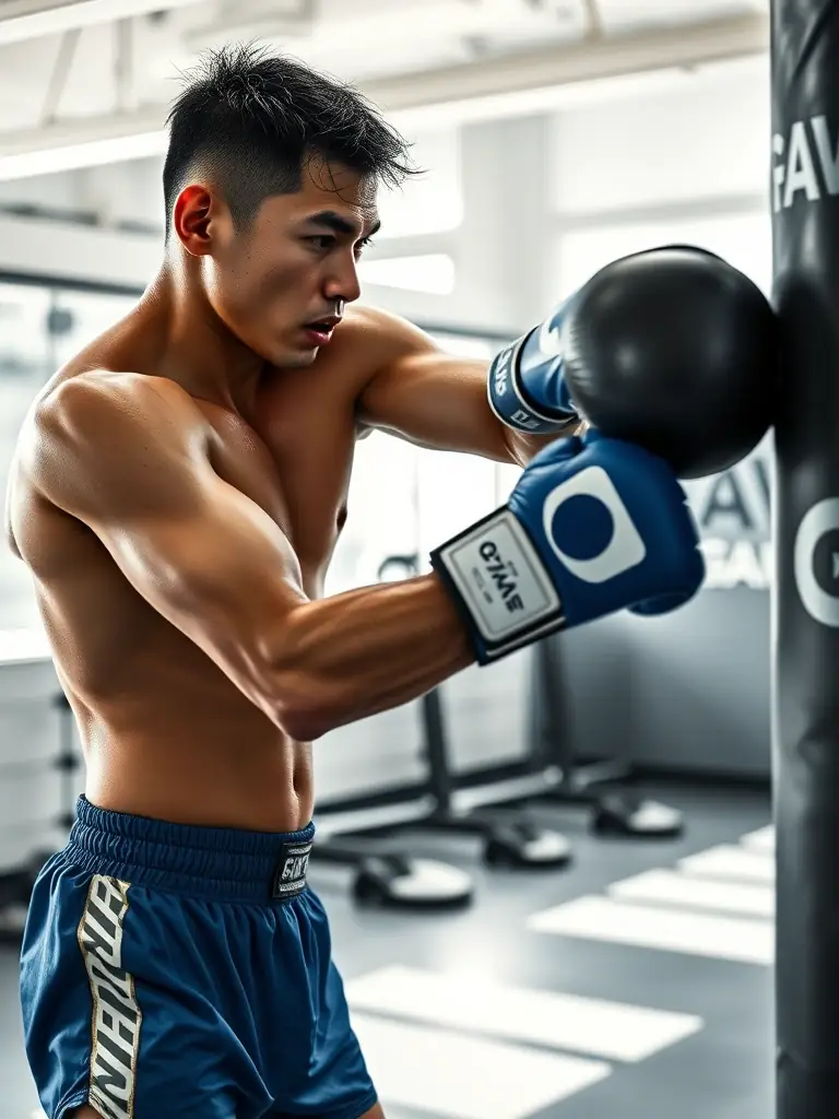 A determined boxer working on a heavy bag at LEMAN BOXING CLUB, emphasizing strength and endurance.