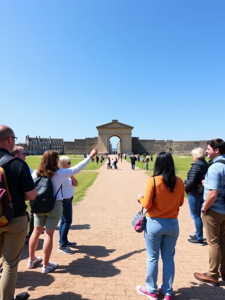 A picture of SDHA members leading a guided tour of a historical site in Dunkerque, explaining its significance to the participants.
