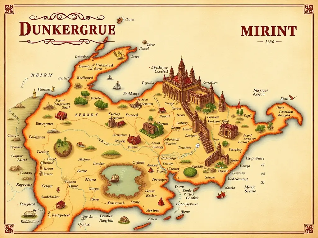 A colorful illustration of a historical map, highlighting key landmarks and geographical features of the region.