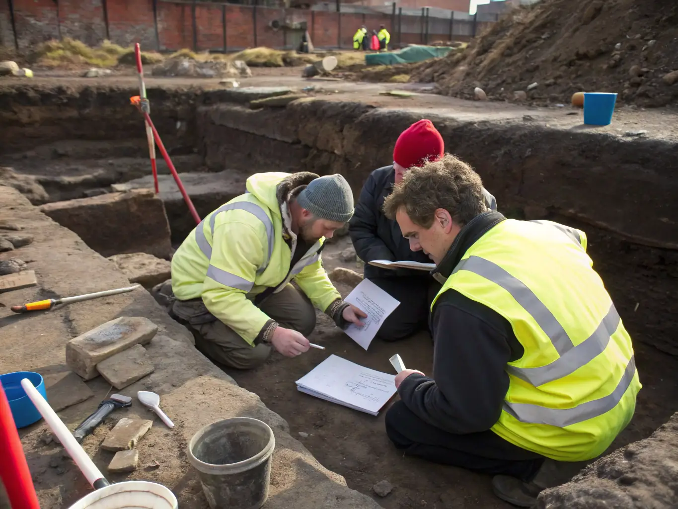 A photograph depicting a group of volunteers participating in an archaeological dig at a historical site in Dunkerque, France. The image should convey a sense of discovery and collaboration.
