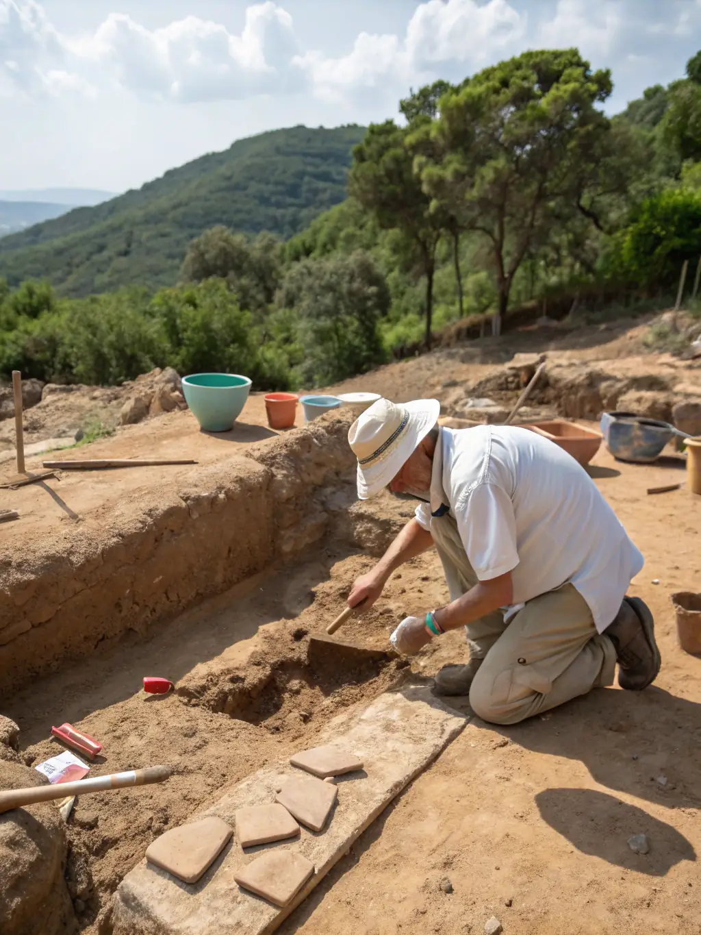A photograph of SDHA members participating in an archaeological dig, carefully excavating artifacts.