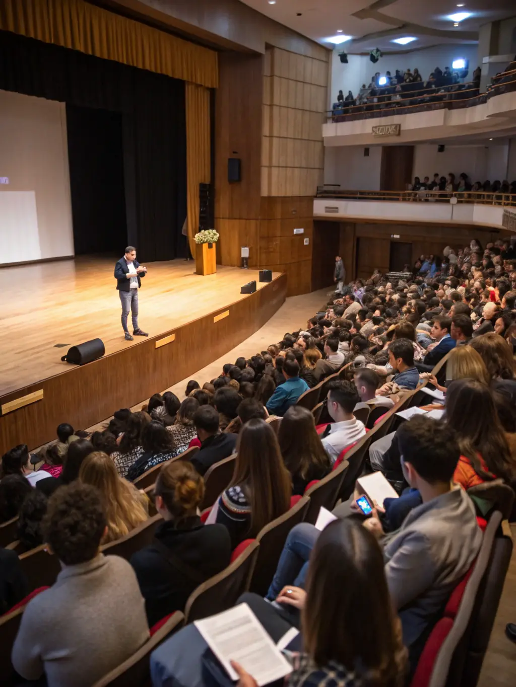 A group of people attending a historical lecture organized by SDHA, with a speaker presenting on a historical topic.