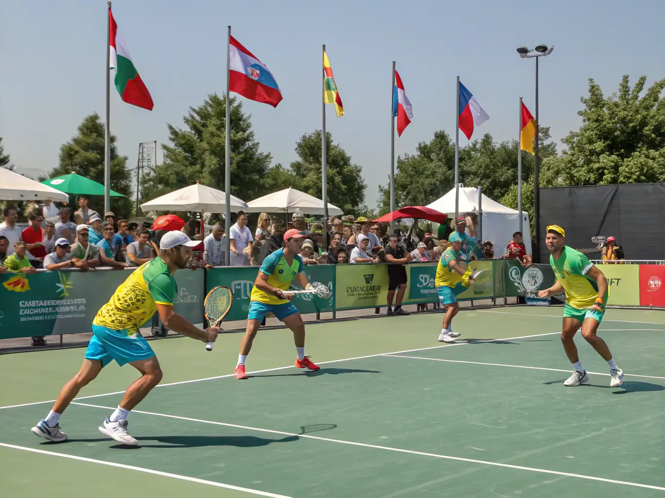 An image of adult players participating in a doubles match on a clay court, showcasing teamwork and competitive spirit.