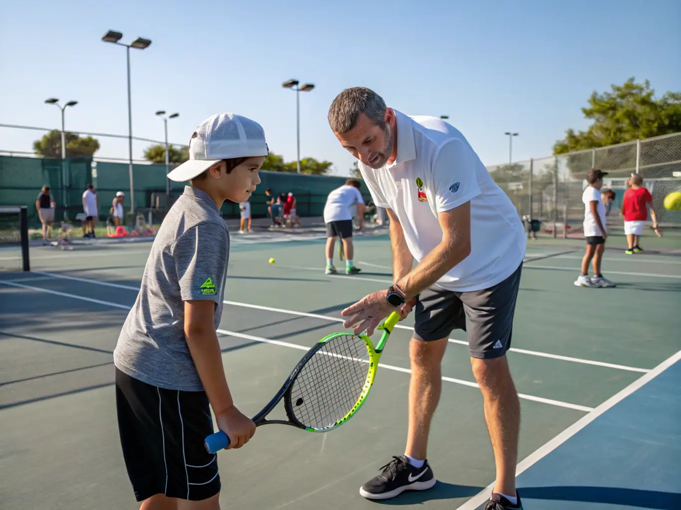 A dynamic action shot of tennis players participating in a training session on a clay court, focusing on forehand technique, with the coach providing guidance.
