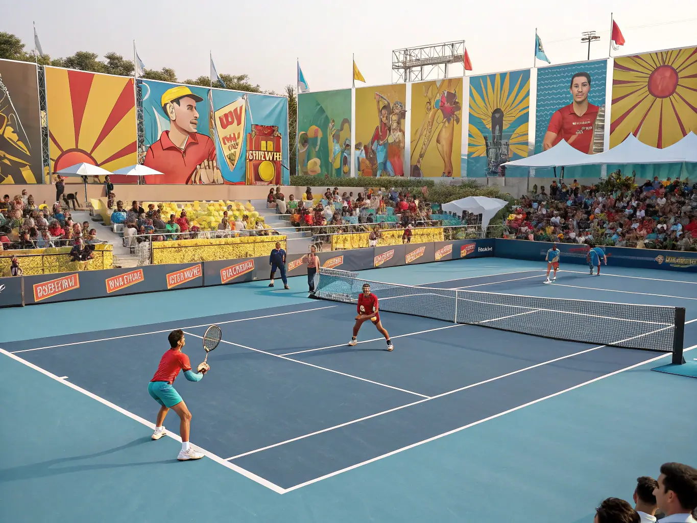 A vibrant image of a tennis league match in progress, showcasing players of different ages and skill levels competing in a friendly yet competitive atmosphere.