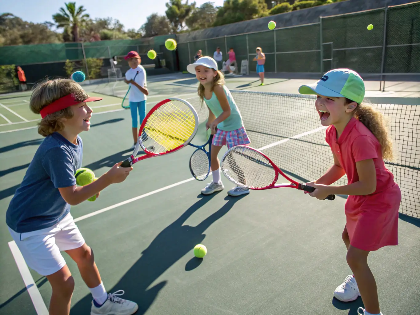 An image of young children participating in a beginner's tennis clinic on a sunny outdoor court, with a coach demonstrating proper form.