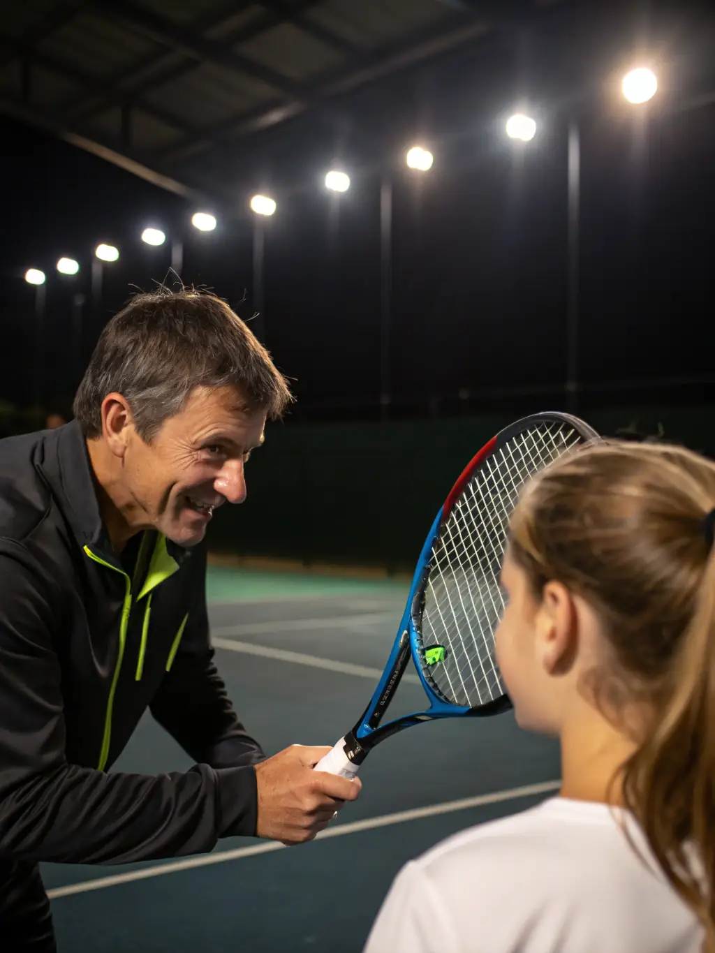 A photo of a professional tennis coach providing personalized instruction to a club member, emphasizing the club's commitment to skill development.