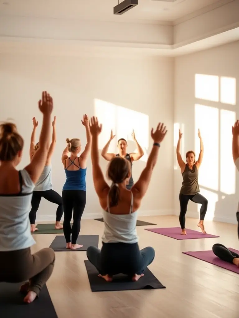 A photo of a yoga session in a serene setting, with participants performing various poses under the guidance of an instructor, promoting relaxation and flexibility.