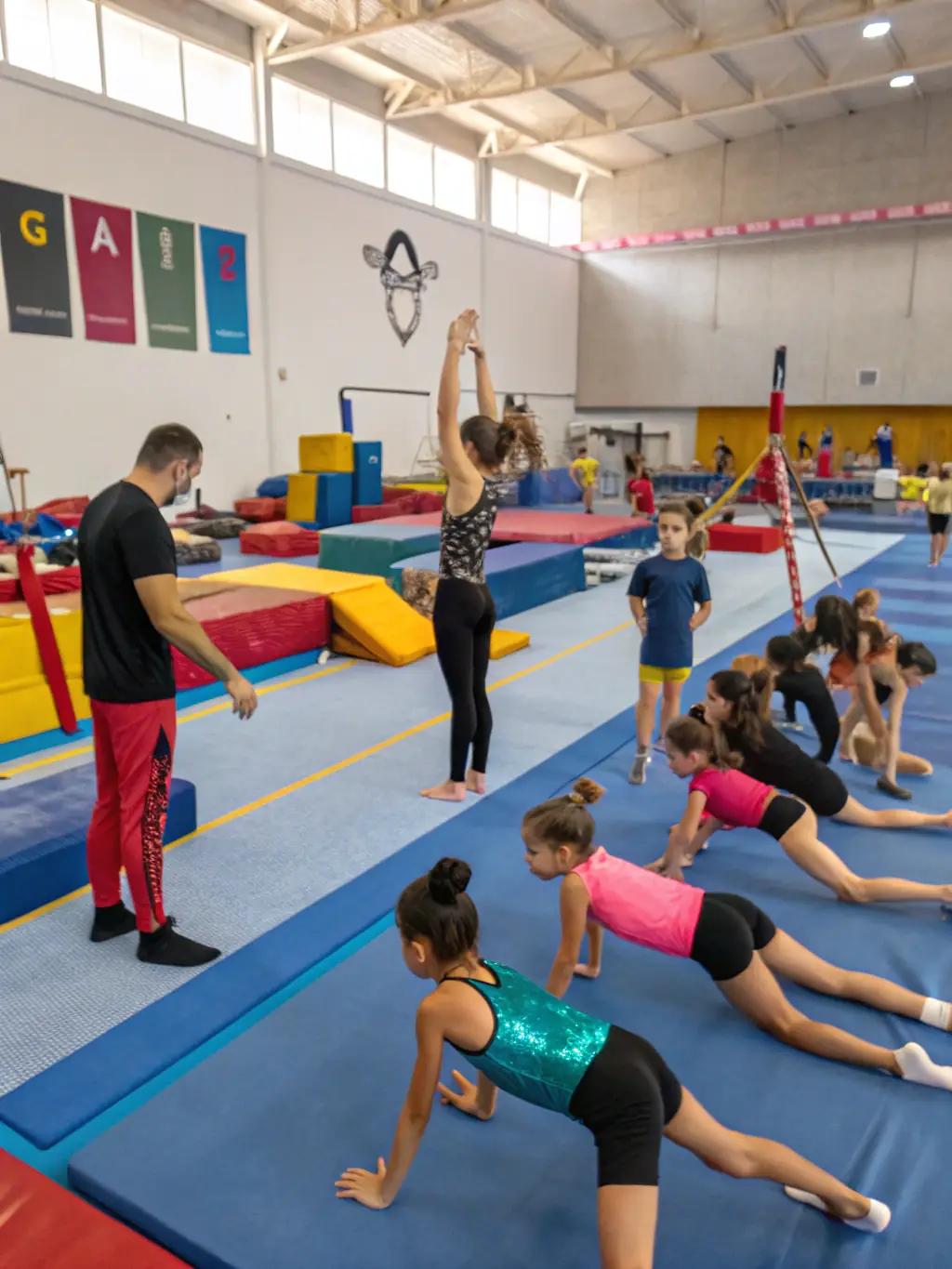 A diverse group of people smiling and exercising together in a gymnastics class, showcasing the community aspect of SECTION DE GYMNASTIQUE VOLONTAIRE DE VERNIOLLE.