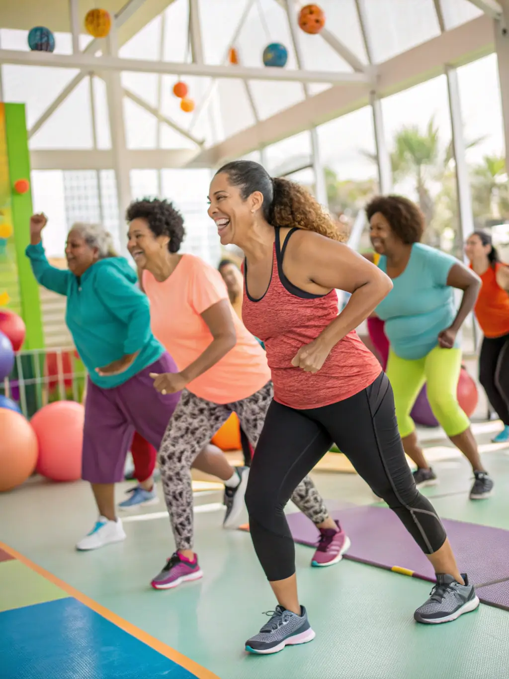 A dynamic image of a group fitness class in session, showcasing diverse participants engaged in a high-energy workout, emphasizing inclusivity and community spirit.