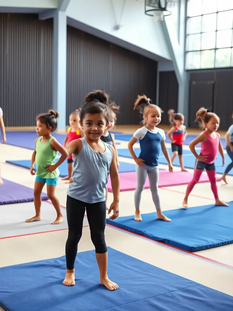 A vibrant image of children participating in a gymnastics class, showcasing their agility, coordination, and enjoyment of physical activity.